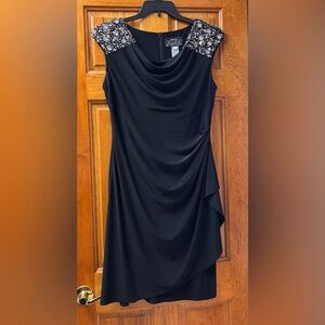 Alex Evenings black faux wrap embellished dress with cap sleeves Sz 12P